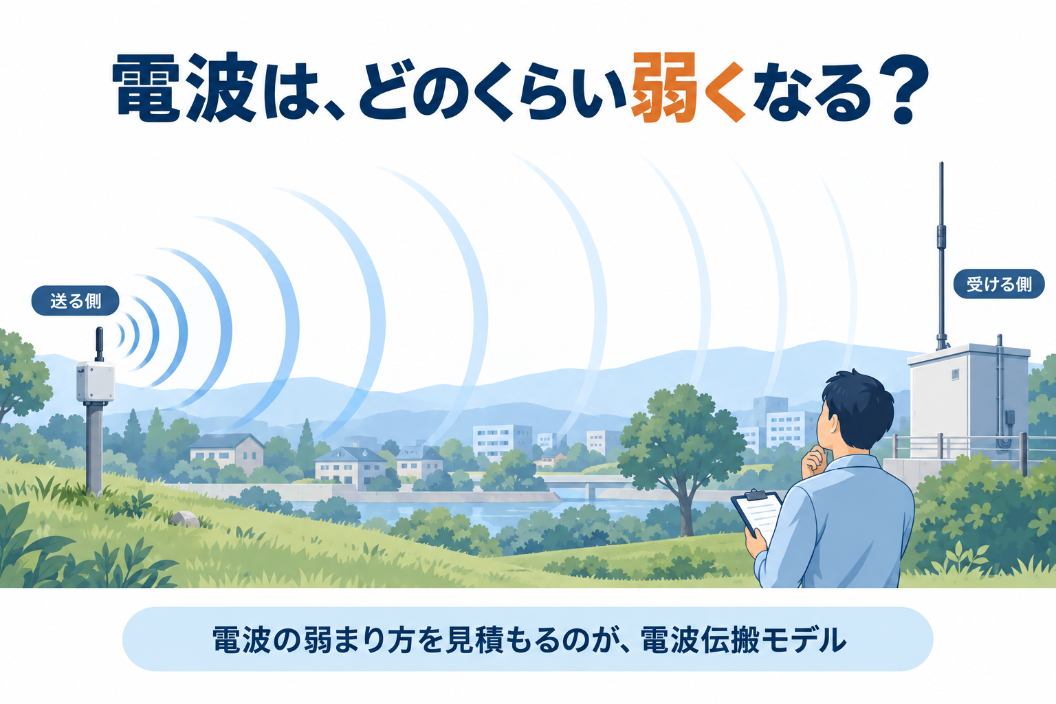 屋外の送信側から受信側へ電波が広がり、届くまでに弱くなる様子。電波伝搬モデルは、その弱まり方を見積もるための道具です。